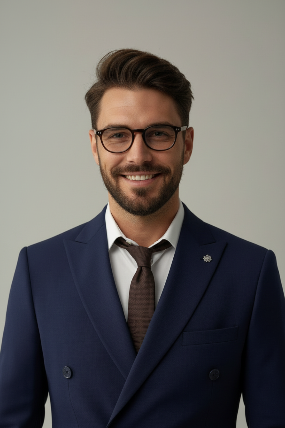 Man wearing a navy blue suit with a white shirt and brown tie against a plain background