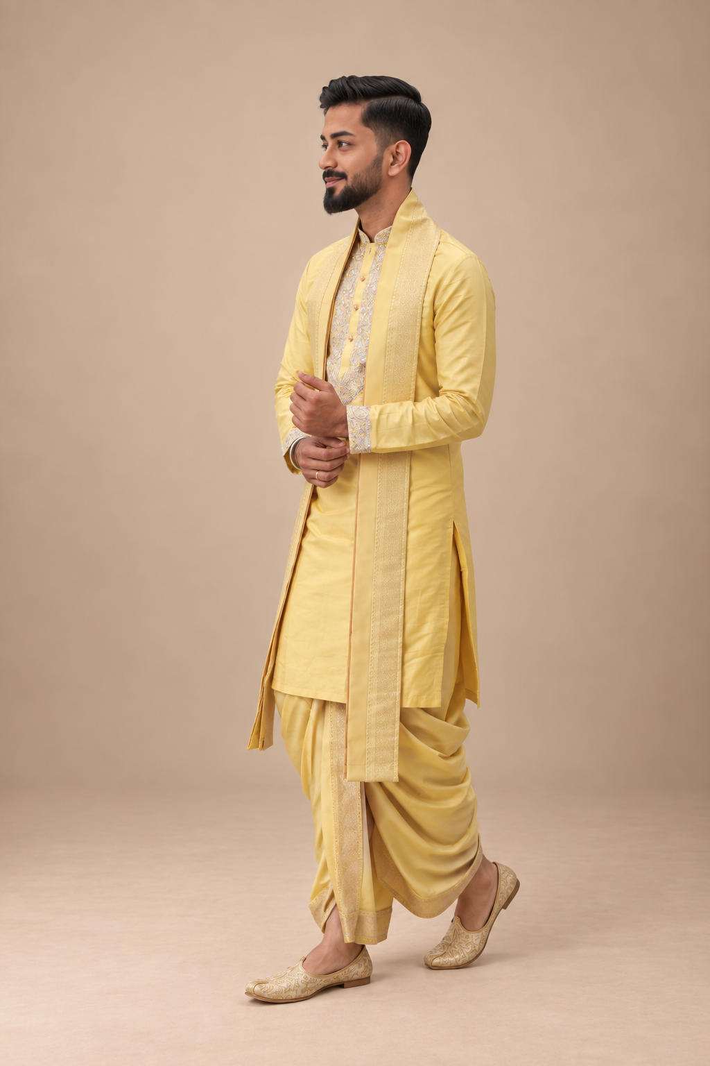 Men’s Mustard Gold Semi Pattu Kurta with Semi Pattu Pancha & Angavastram | Embroidered Wedding Dhoti Set