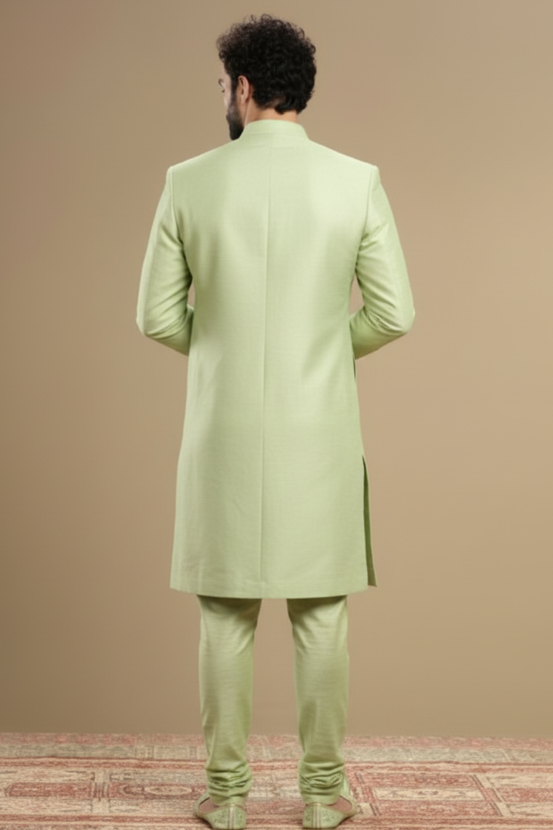 Men’s Mint Green Wedding Sherwani Set with Churidar and Gold Zari