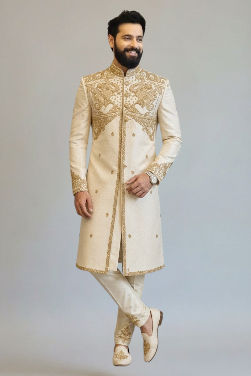 Ivory Embroidered Sherwani for Men – Royal Wedding Groom Wear with Heritage Zari Work