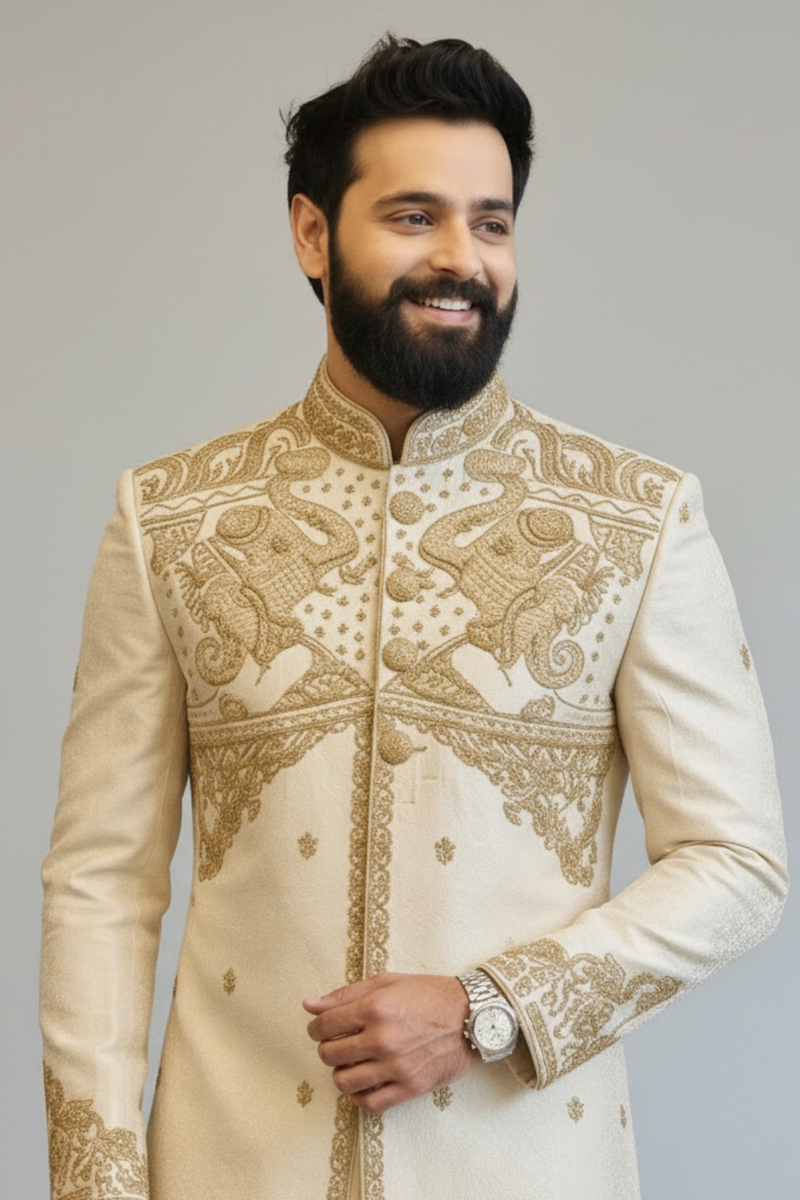 Ivory Embroidered Sherwani for Men – Royal Wedding Groom Wear with Heritage Zari Work