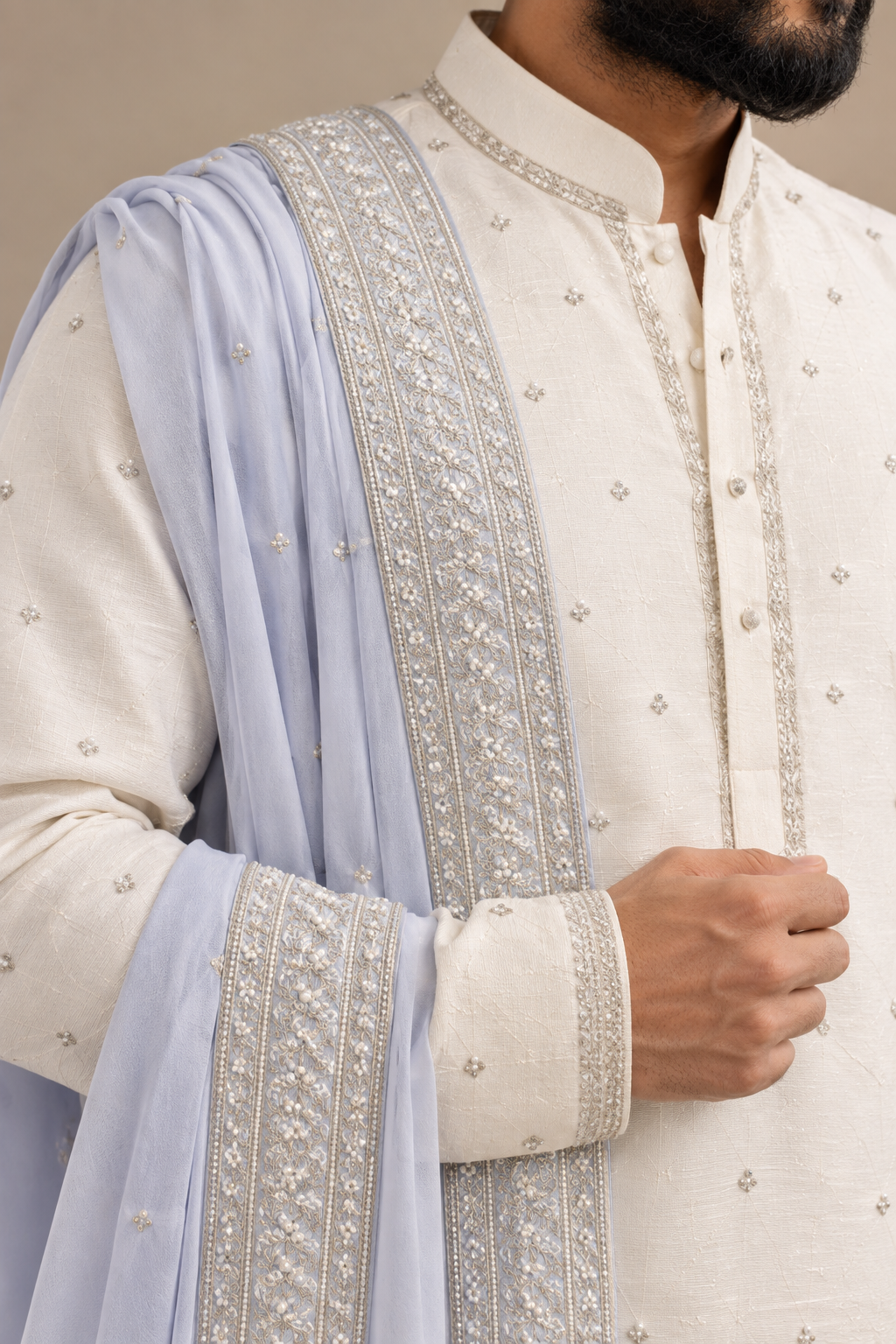 Silver Tissue Pattu Kurta for Men with Subtle Embroidery – Elegant Wedding & Festive Ethnic Wear