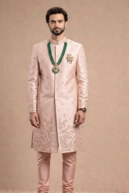 Blush Pink Silk Embroidered Sherwani Set