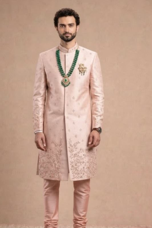 Blush Pink Silk Embroidered Sherwani Set