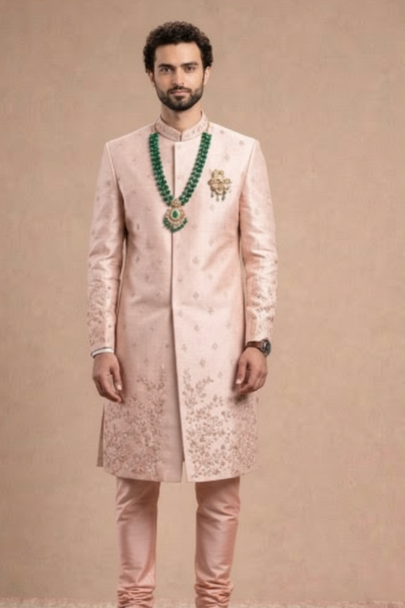 Blush Pink Silk Embroidered Sherwani Set