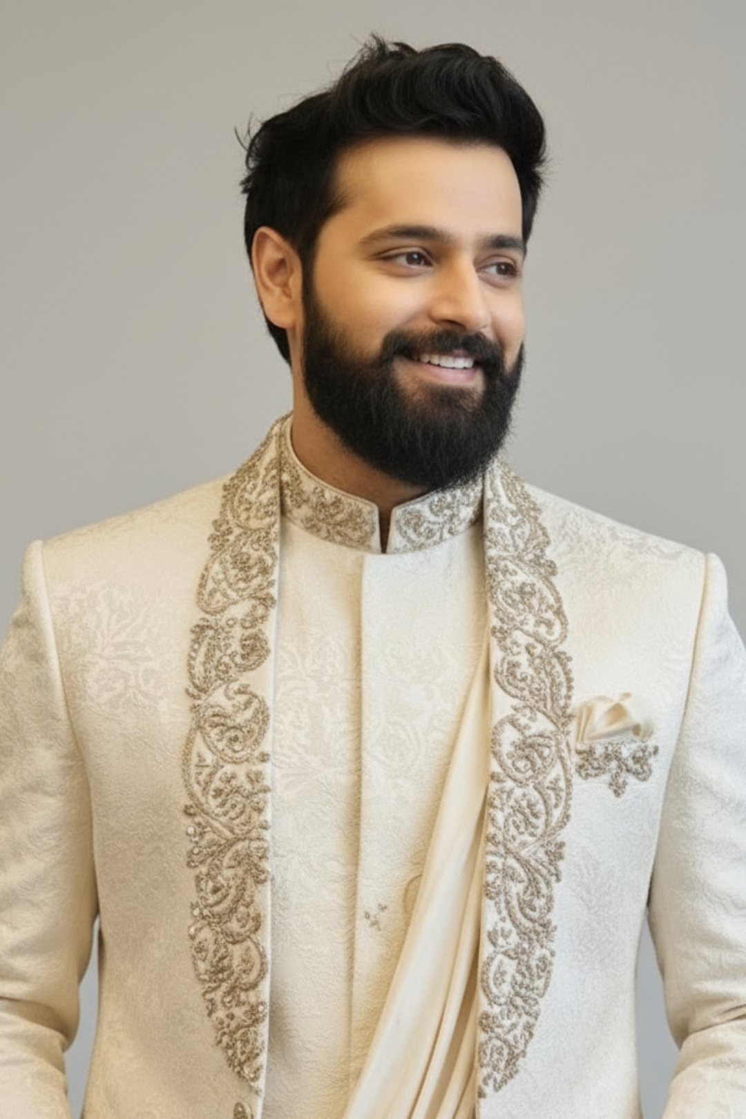 Ivory Draped Indo Western for Men – Luxury Embroidered Wedding & Reception Wear