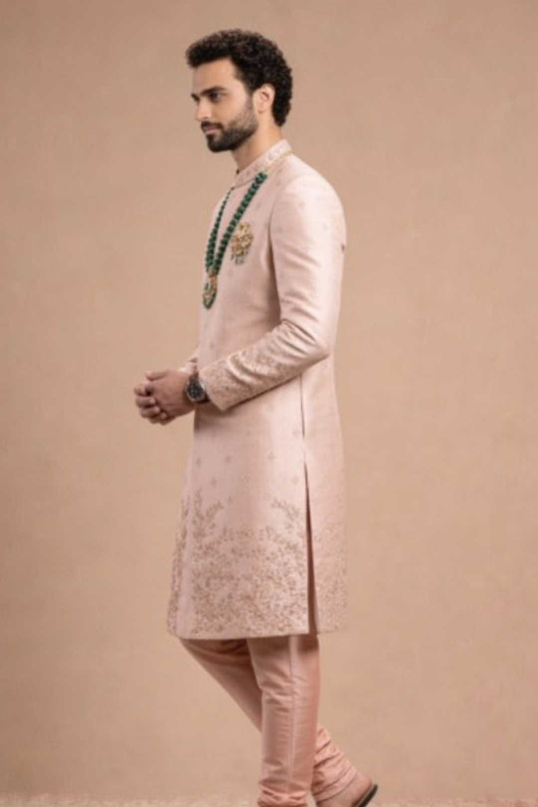 Blush Pink Silk Embroidered Sherwani Set