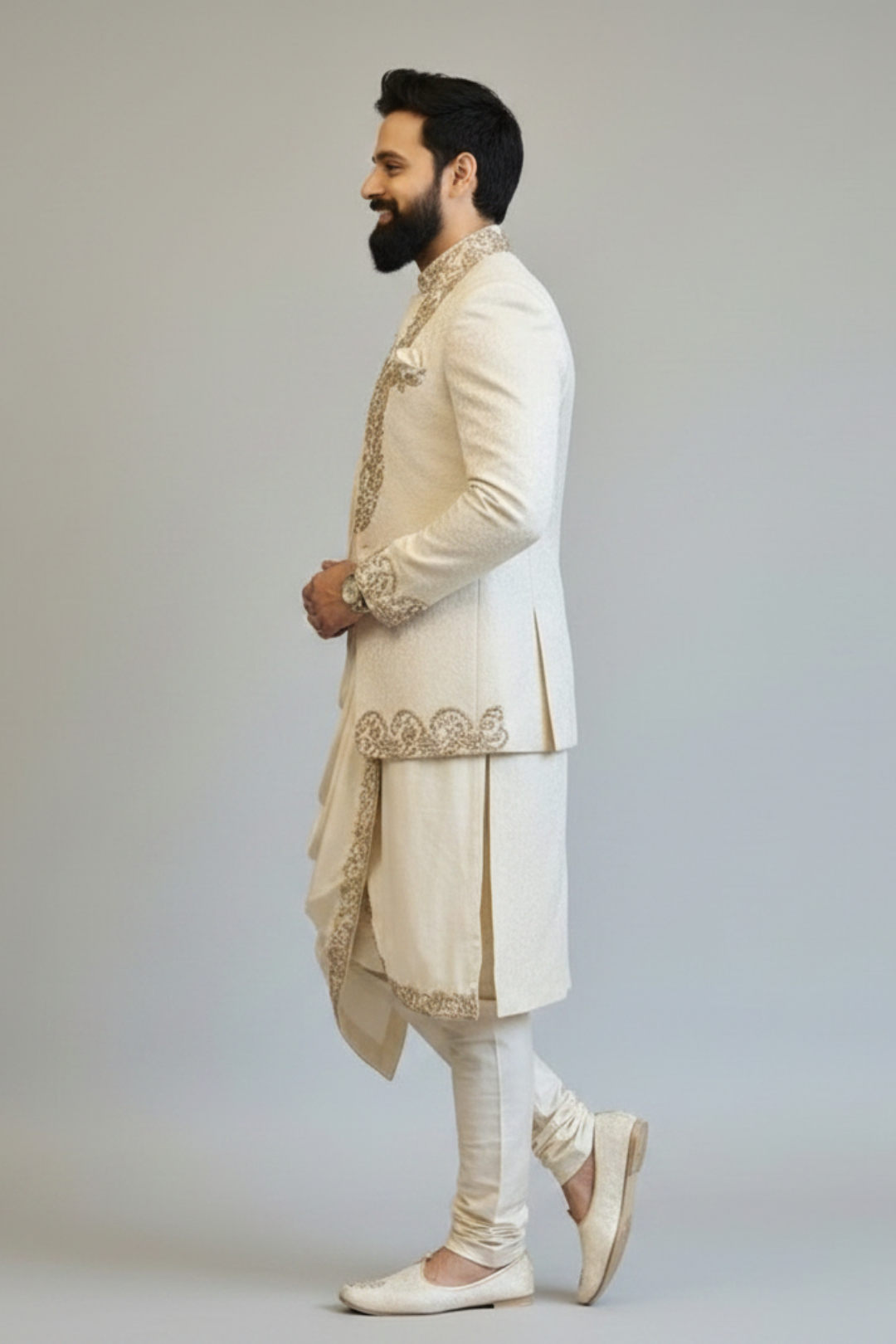 Ivory Draped Indo Western for Men – Luxury Embroidered Wedding & Reception Wear