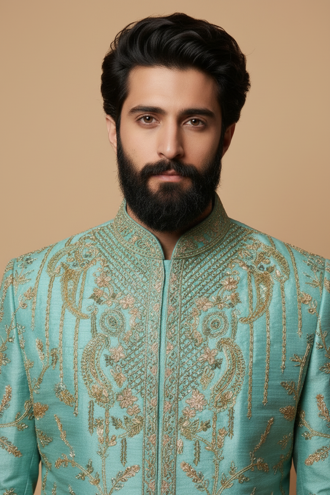 Men’s Sea Green Heavy Embroidered Sherwani Set – Royal Designer Wedding Wear
