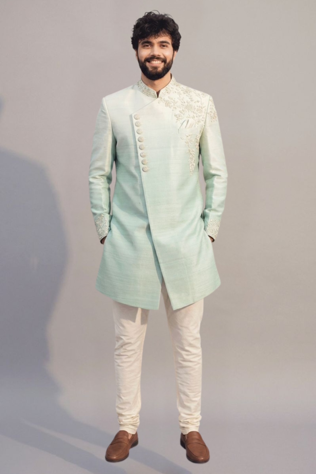 Mint Green Asymmetric Embroidered Sherwani Set for Men – Wedding & Festive Wear