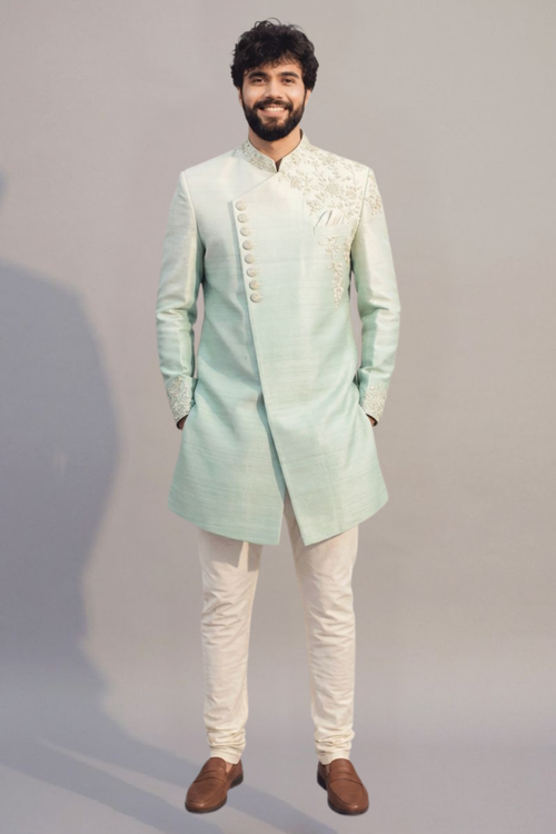 Mint Green Asymmetric Embroidered Sherwani Set for Men – Wedding & Festive Wear