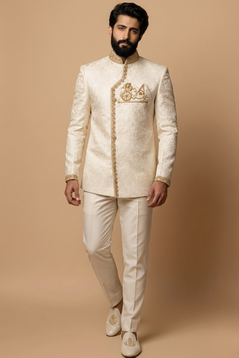 Ivory Embroidered Jodhpuri Suit for Men – Royal Wedding & Reception Bandhgala Outfit