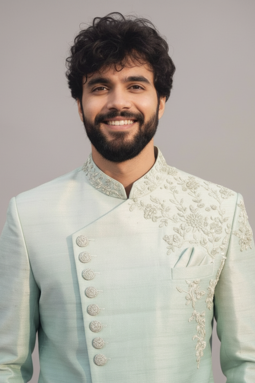 Mint Green Asymmetric Embroidered Sherwani Set for Men – Wedding & Festive Wear