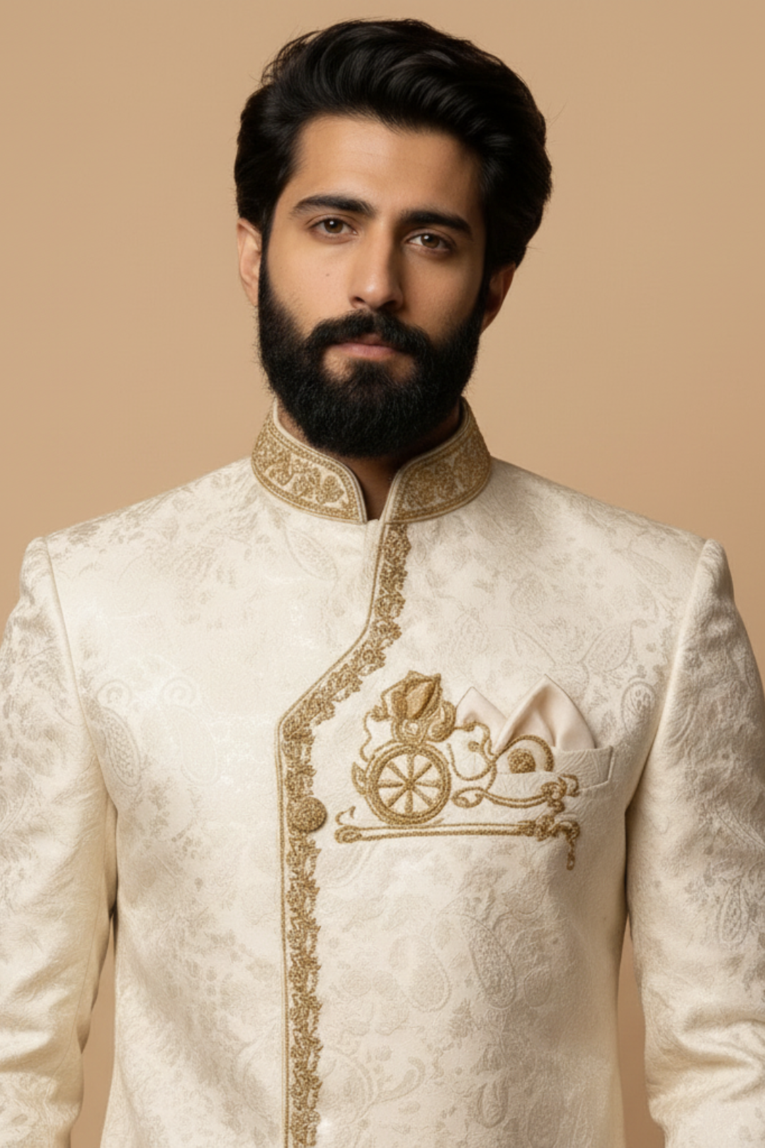 Man wearing a cream-colored embroidered sherwani against a beige background
