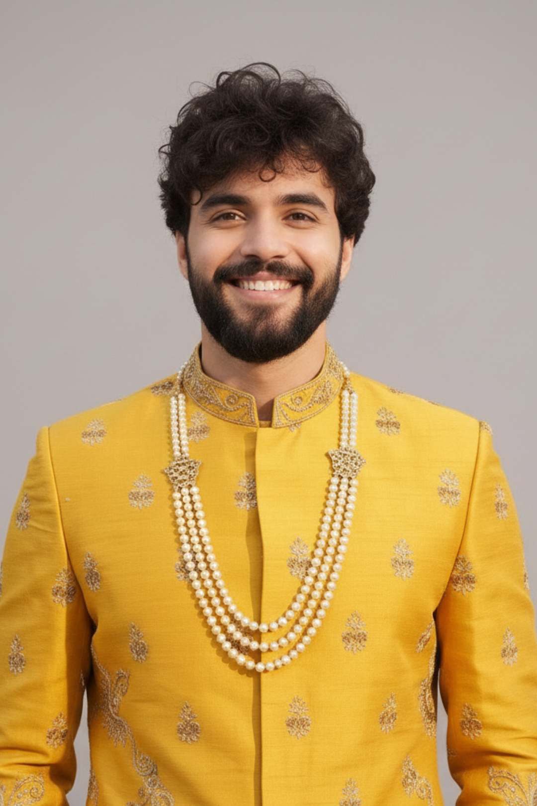 Man wearing a yellow embroidered traditional outfit with a gray background