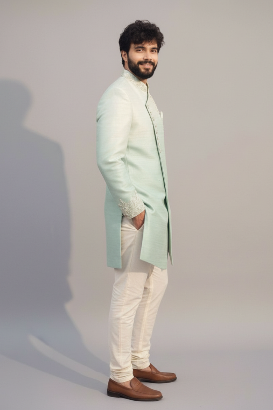 Mint Green Asymmetric Embroidered Sherwani Set for Men – Wedding & Festive Wear