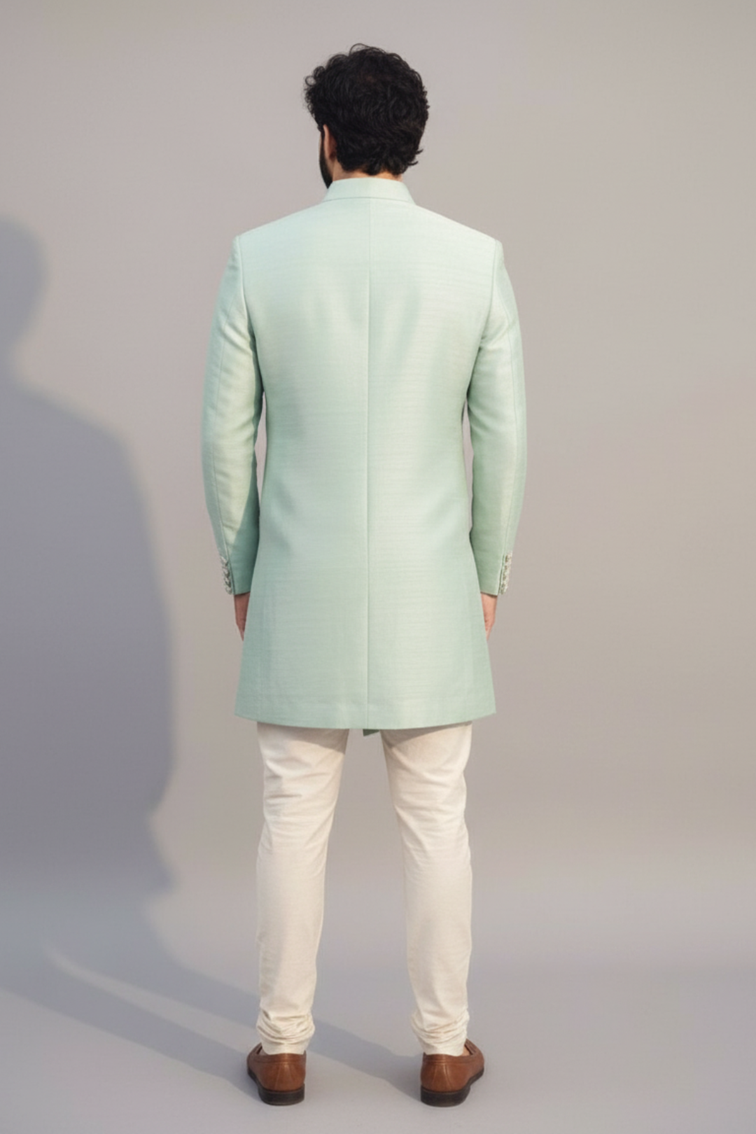 Mint Green Asymmetric Embroidered Sherwani Set for Men – Wedding & Festive Wear