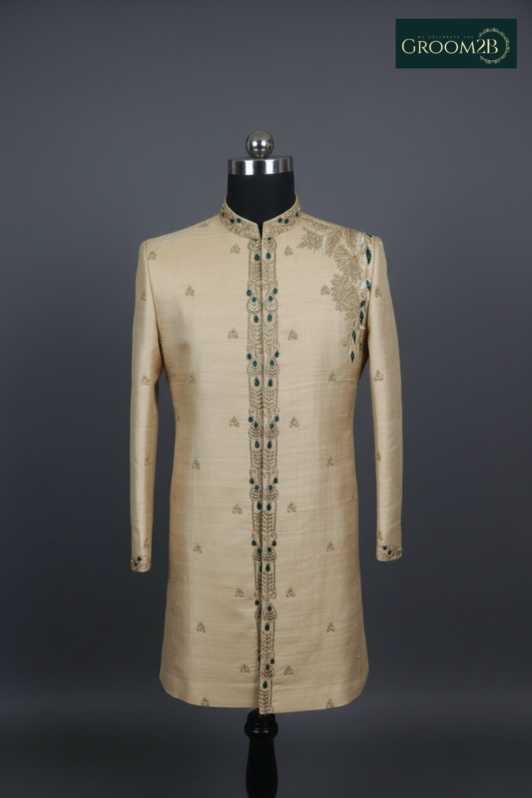 Men’s Beige Embroidered Sherwani with Green Stone Detailing – Luxury Wedding & Festive Wear