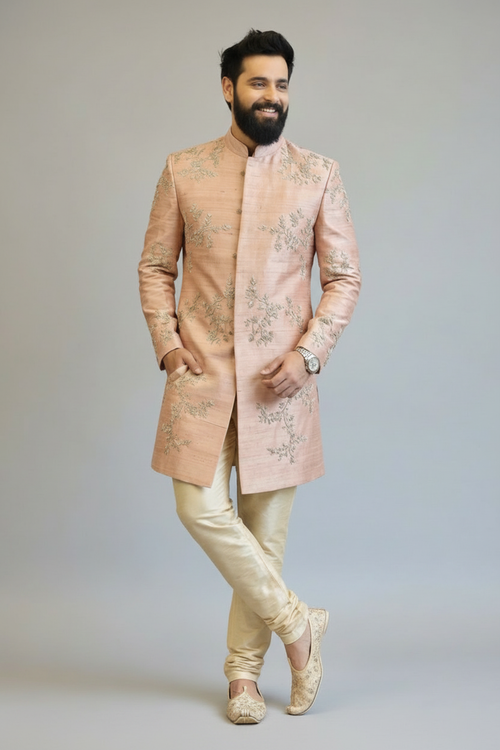 Men’s Peach Floral Embroidered Sherwani Set – Premium Wedding & Festive Ethnic Wear