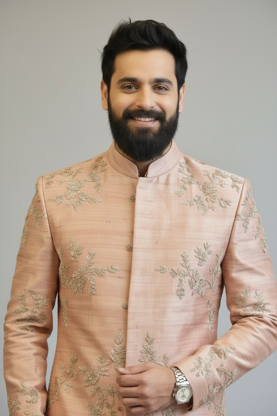 Men’s Peach Floral Embroidered Sherwani Set – Premium Wedding & Festive Ethnic Wear