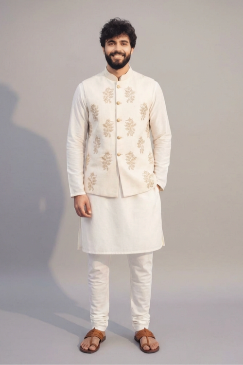Ivory Embroidered Nehru Jacket – Men’s Festive Ethnic Wear