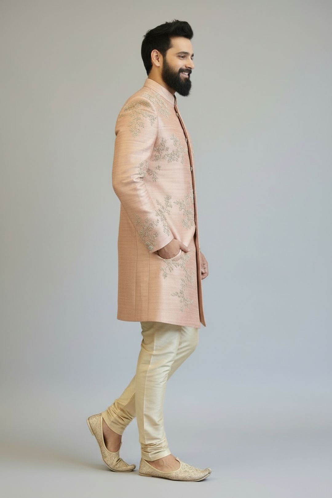 Men’s Peach Floral Embroidered Sherwani Set – Premium Wedding & Festive Ethnic Wear