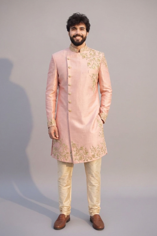 Men’s Peach Embroidered Sherwani Set – Designer Wedding & Festive Ethnic Wear
