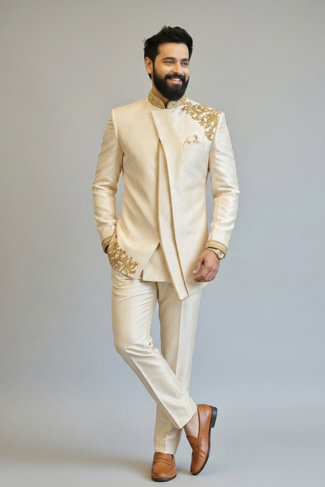 Ivory Indo Western Sherwani for Men – Minimal Embroidered Engagement & Reception Wear