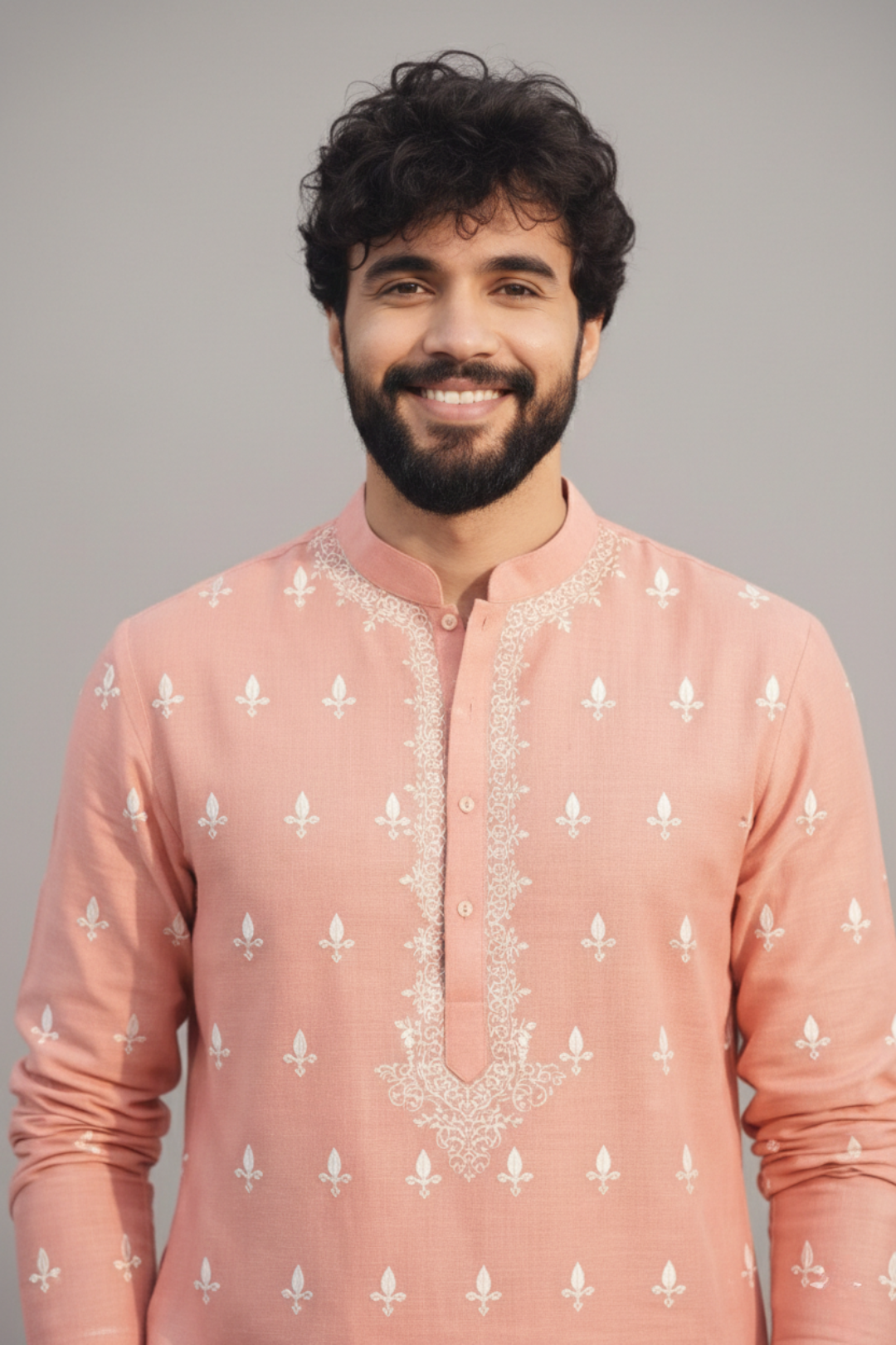 Peach Embroidered Kurta with Radha Krishna Motif – Men’s Festive Ethnic Wear