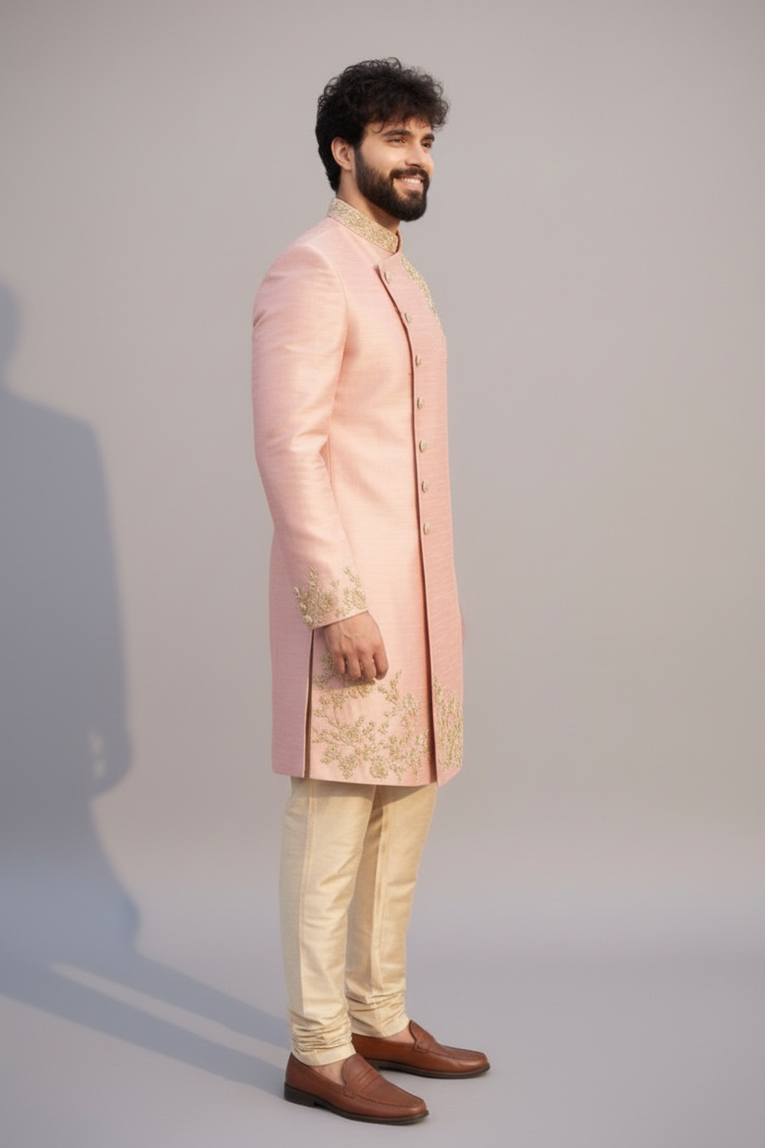 Men’s Peach Embroidered Sherwani Set – Designer Wedding & Festive Ethnic Wear