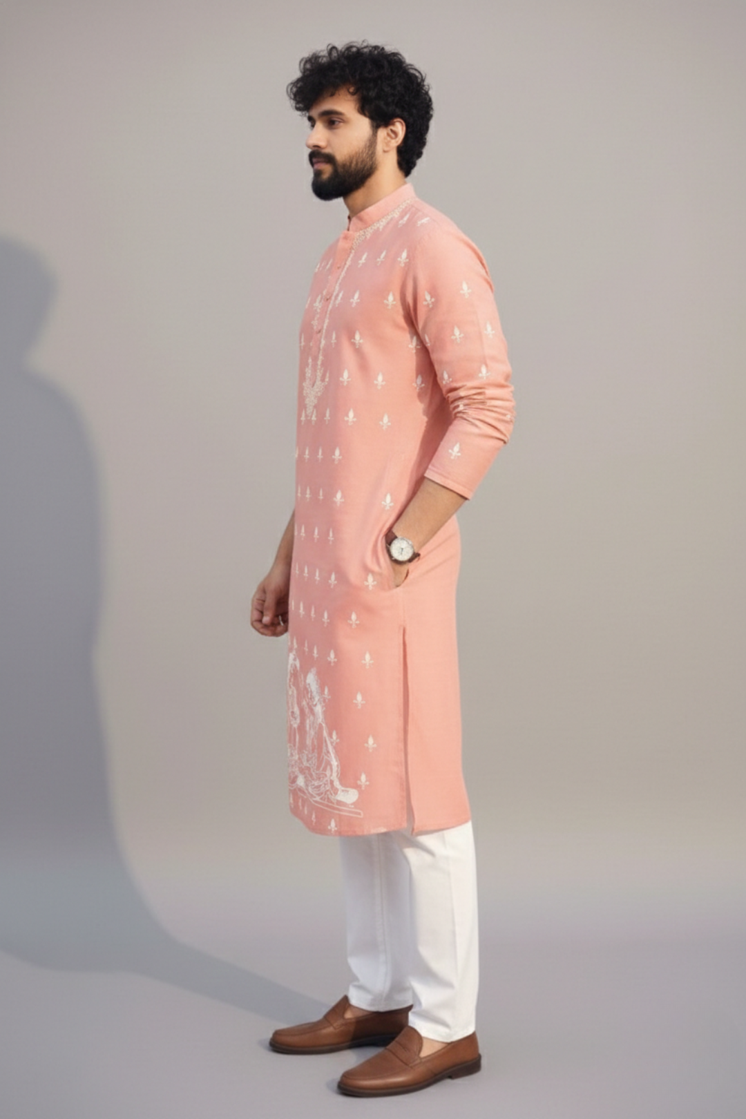 Peach Embroidered Kurta with Radha Krishna Motif – Men’s Festive Ethnic Wear