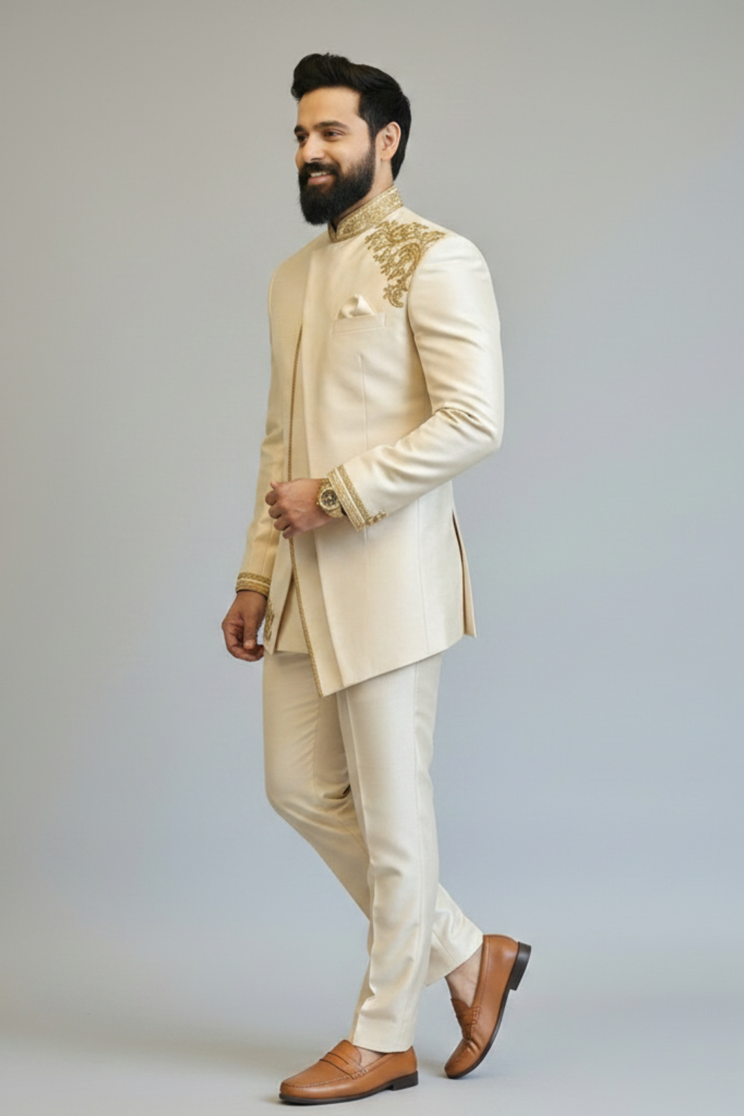 Ivory Indo Western Sherwani for Men – Minimal Embroidered Engagement & Reception Wear