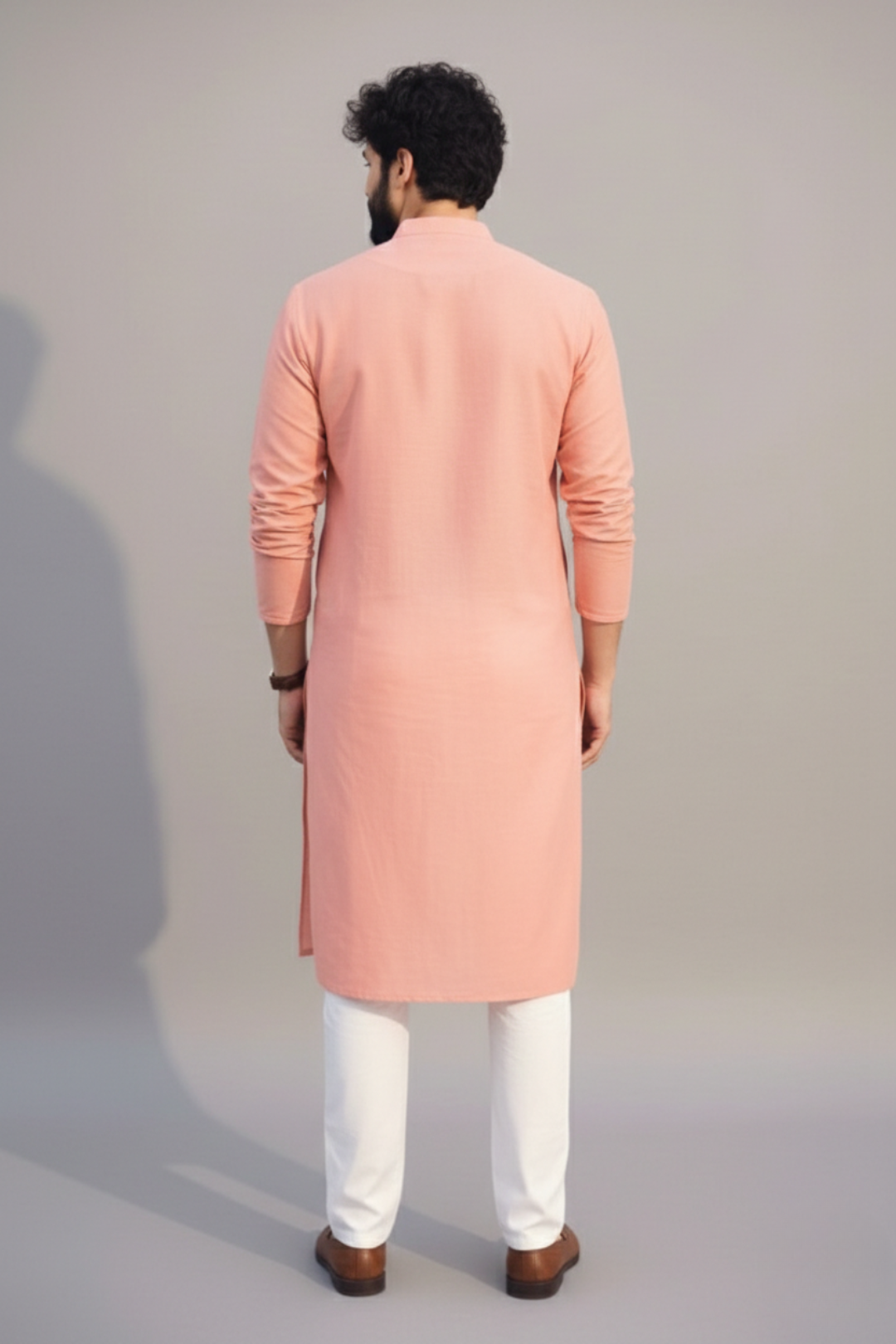Peach Embroidered Kurta with Radha Krishna Motif – Men’s Festive Ethnic Wear