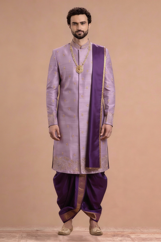 Men's Lavender Wedding Sherwani with Gold Embroidery