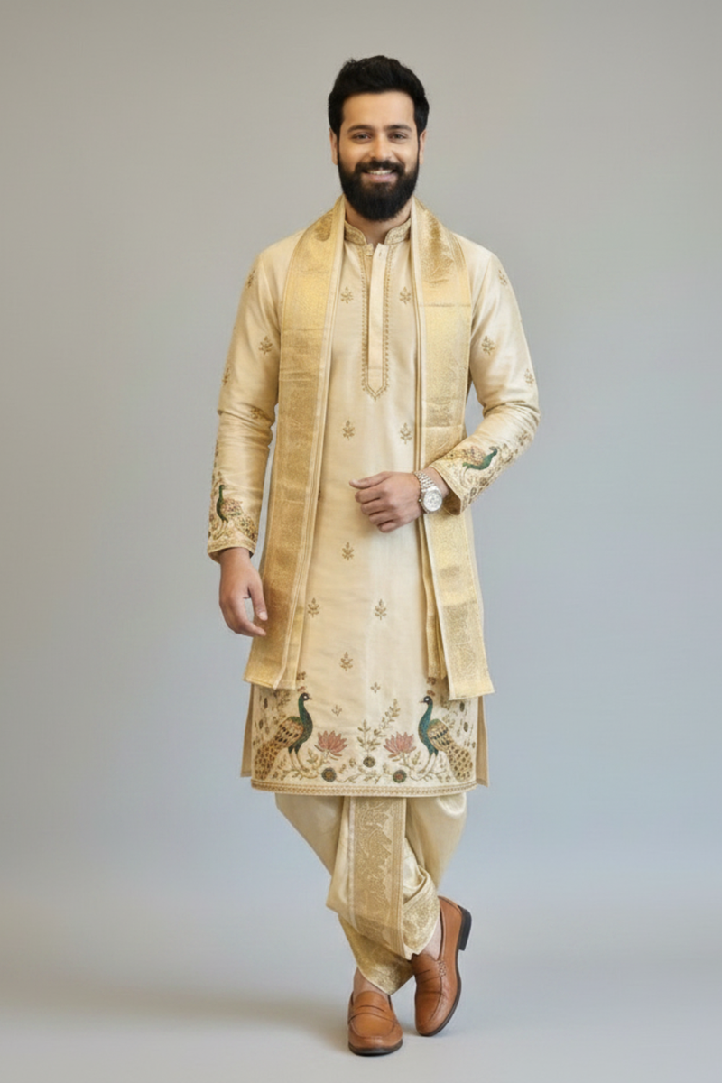 Ivory Gold Peacock Embroidered Kurta Dhoti Set with Tissue Dupatta for Men | Luxury South Indian Wedding Wear
