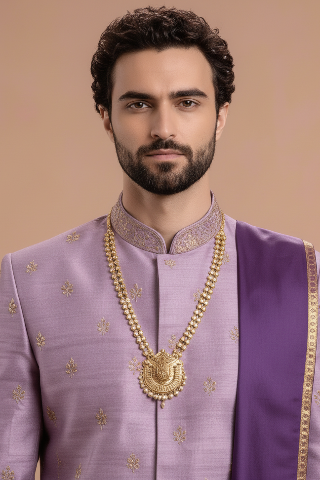 Men's Lavender Wedding Sherwani with Gold Embroidery