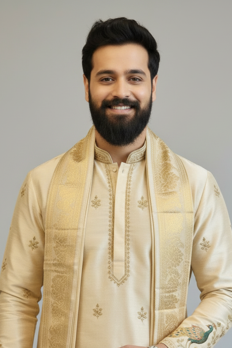Ivory Gold Peacock Embroidered Kurta Dhoti Set with Tissue Dupatta for Men | Luxury South Indian Wedding Wear