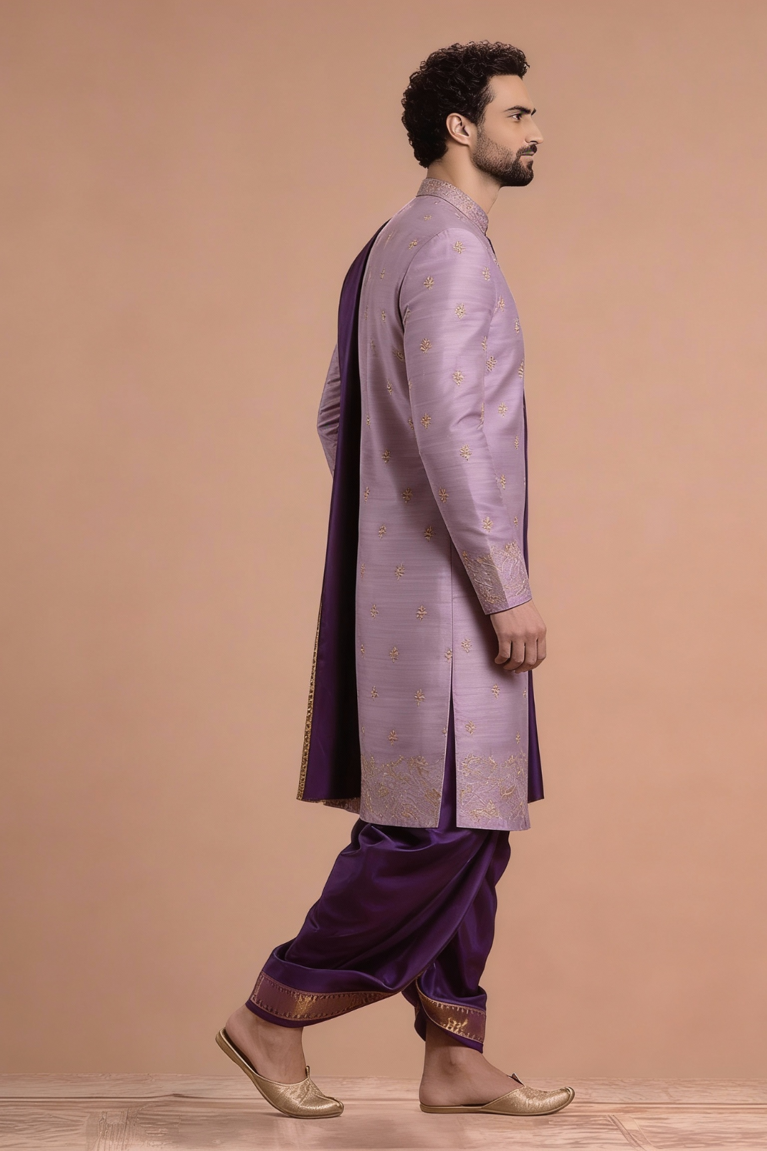 Men's Lavender Wedding Sherwani with Gold Embroidery