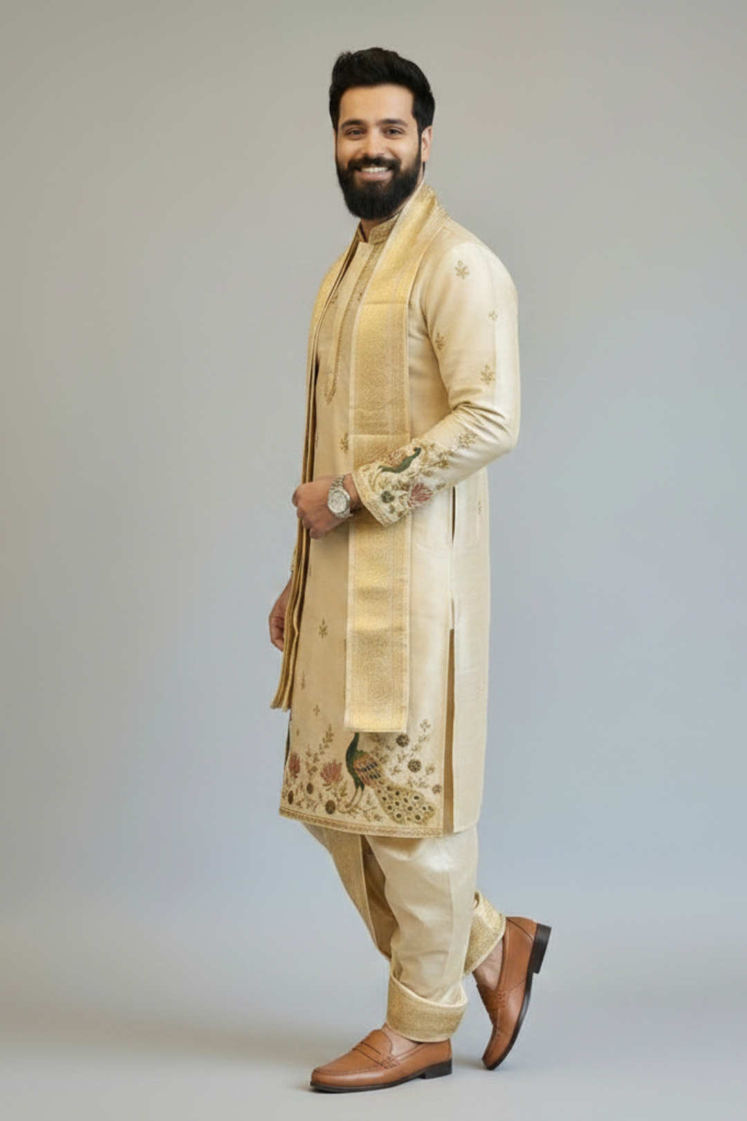Ivory Gold Peacock Embroidered Kurta Dhoti Set with Tissue Dupatta for Men | Luxury South Indian Wedding Wear