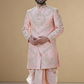 Men's Peach Wedding Sherwani with Matching Dhoti and Intricate Pelli Gold Work