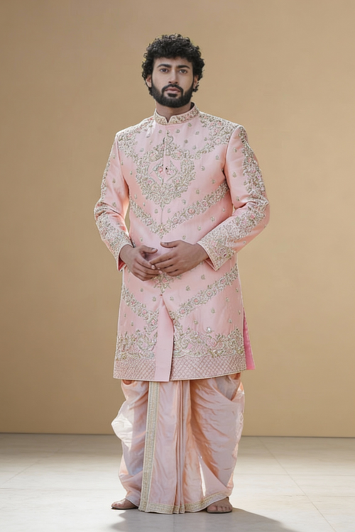Men's Peach Wedding Sherwani with Matching Dhoti and Intricate Pelli Gold Work