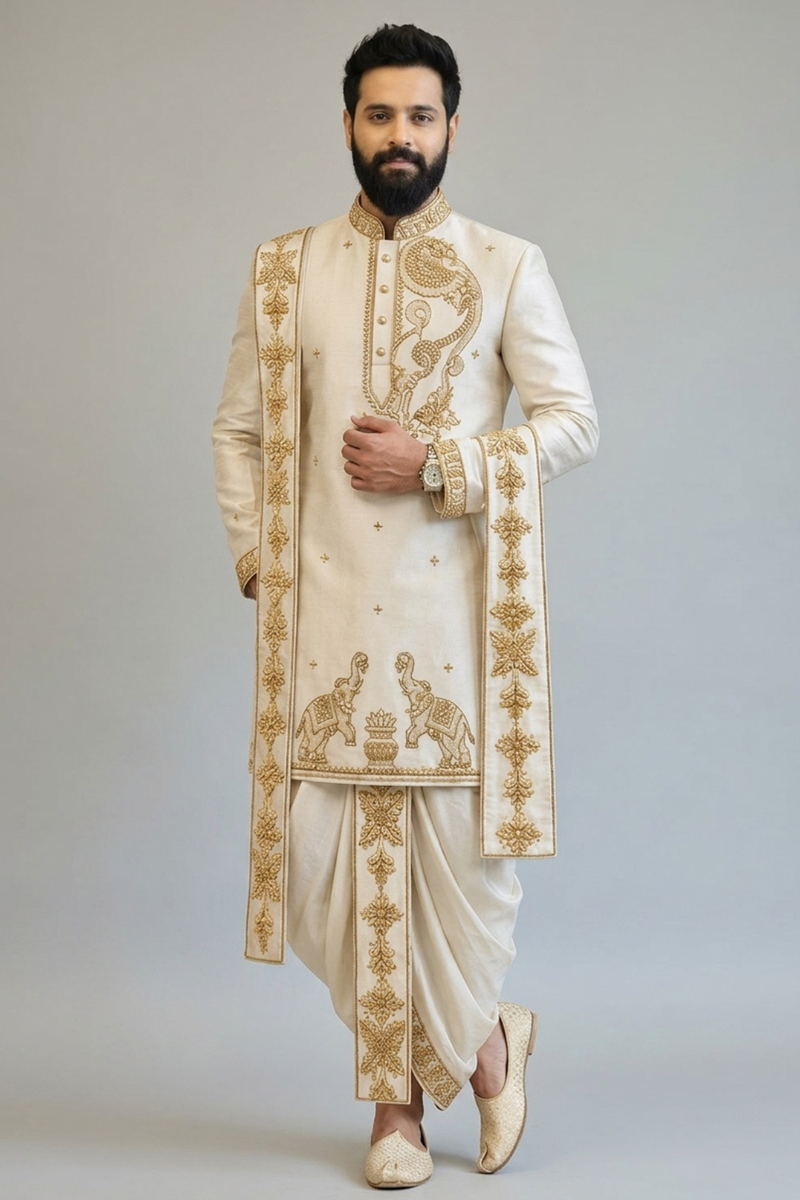 Ivory Embroidered Sherwani for Men – Royal Elephant Motif Wedding Sherwani with Dhoti