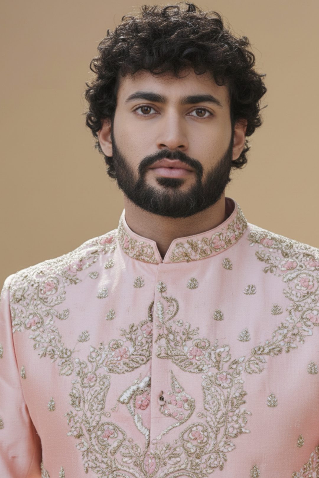 Men's Peach Wedding Sherwani with Matching Dhoti and Intricate Pelli Gold Work