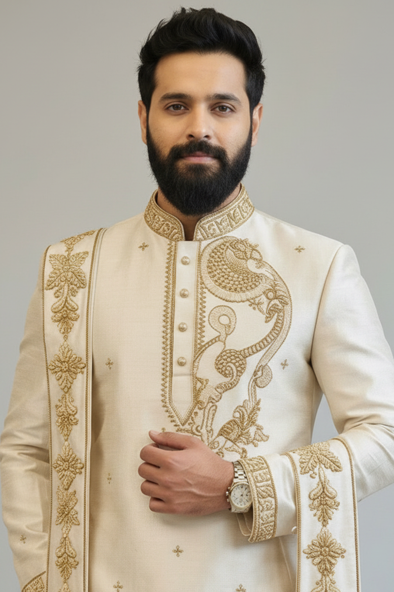 Ivory Embroidered Sherwani for Men – Royal Elephant Motif Wedding Sherwani with Dhoti