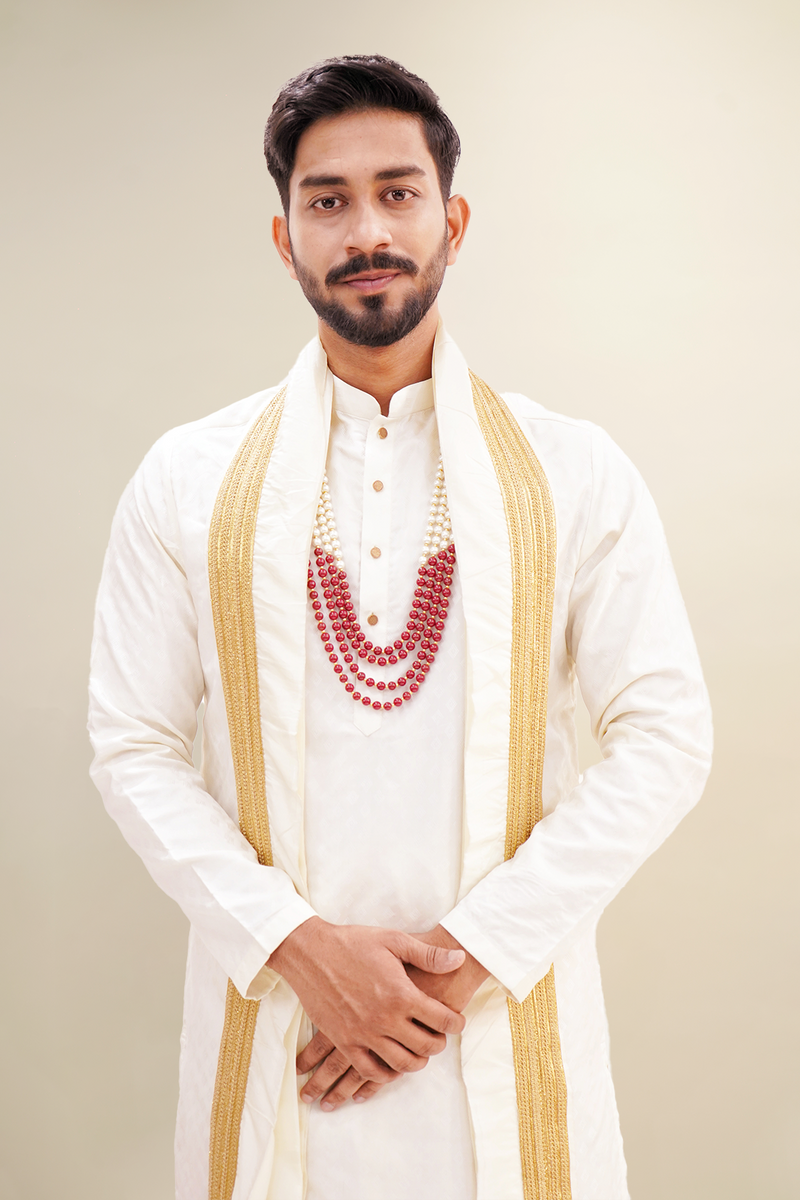 Royal White Kurta Set with Golden Stole