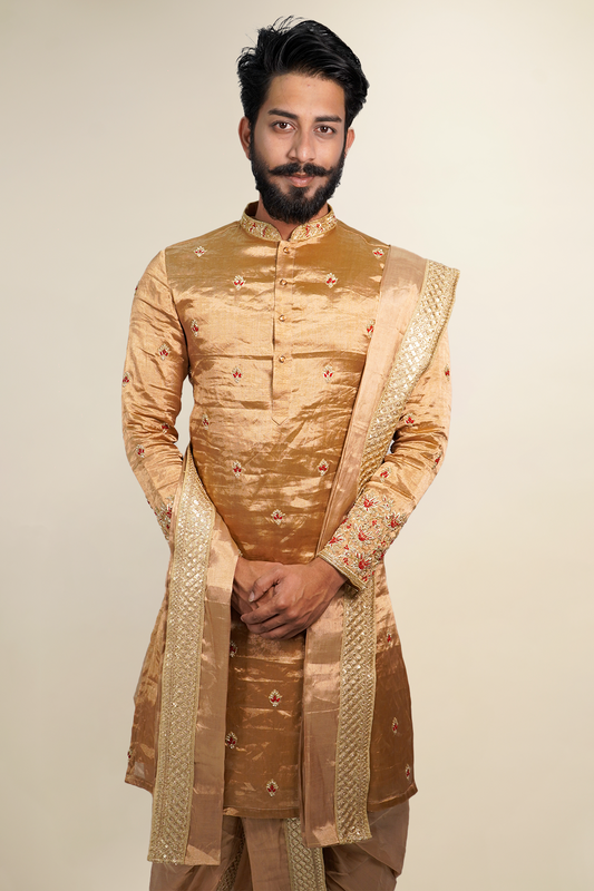 Antique Gold Tissue Pattu Kurta Set with Zardosi Work