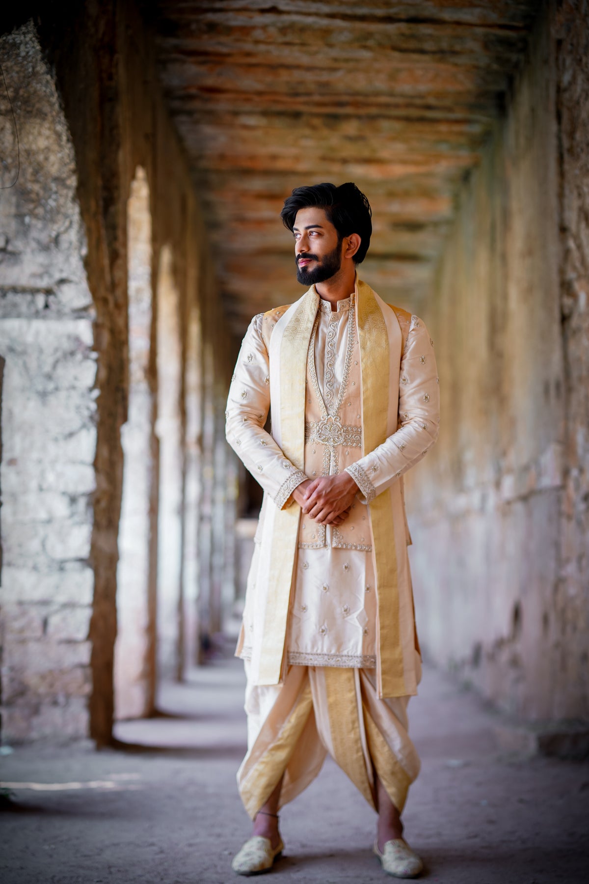 Men’s cream embroidered sherwani with zari detailing and stole for traditional wedding and festive ethnic wear