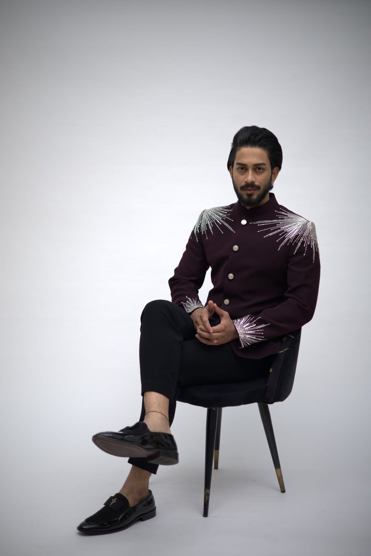 Wine Jodhpuri with White and silver cut beads and sequence work