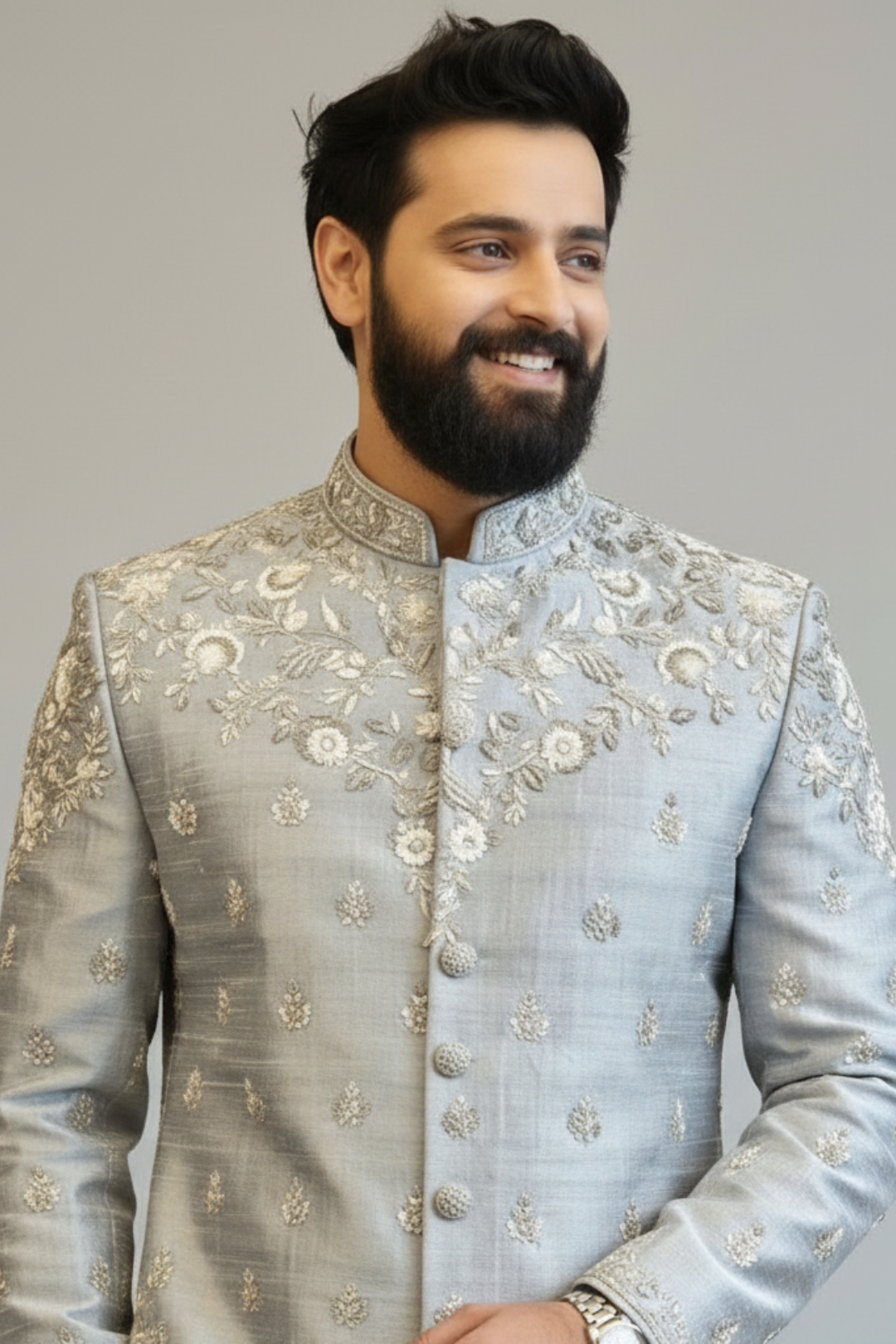 Light grey heavy maggam work sherwani