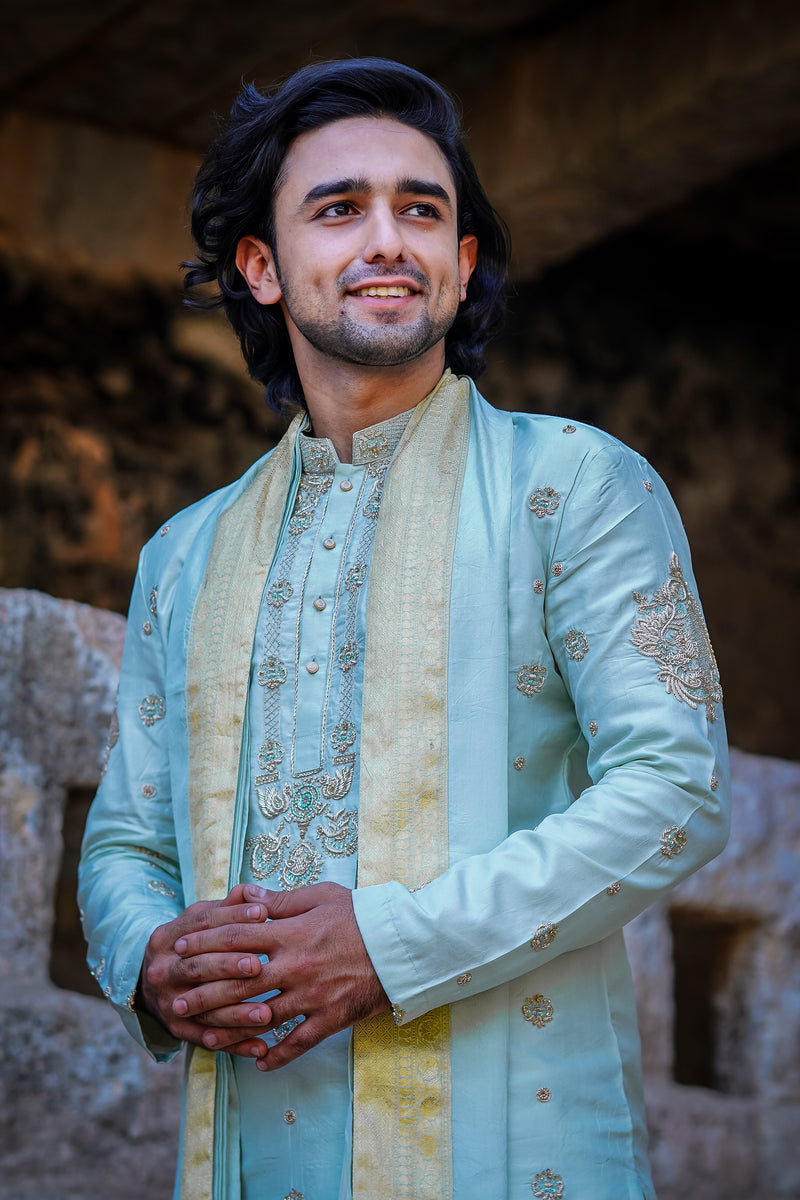 Men’s Mint Green Peacock Arch Pattu Sherwani Set with Dhoti & Dupatta – Traditional Wedding Wear